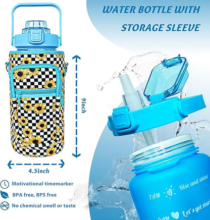64 oz Water Bottle with Straw Sleeve & Strap Motivational Half Gallon Water Jug with Handle for Gym Women Men Aesthetic Water Bottle with Strap Sunflower