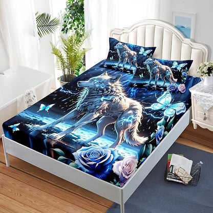 AILONEN Wolf Fitted Sheet Set Full Size, Blue Lightning Wolf Butterfly Safari Wolf Bed Sheet Set,3 Pieces Teen Boys Sheet Set,Cool Wolf Fitted Sheet with 2 Pillowcases