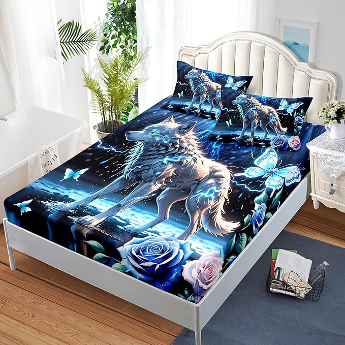 AILONEN Wolf Fitted Sheet Set Queen Size, Blue Lightning Wolf Butterfly Safari Wolf Bed Sheet Set,3 Pieces Teen Boys Sheet Set,Cool Wolf Fitted Sheet with 2 Pillowcases
