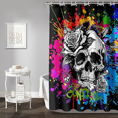 AILONEN Rose Skull Shower Curtain for Bathroom,Colorful Graffiti Art Bathroom Curtain for Kids Boys Girls,Bath Curtain 60" W*72" H Polyester Waterproof Bathroom Curtain with 12 Hooks