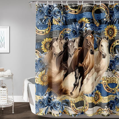 AILONEN Running Horse Shower Curtain for Kids,Blue Rose Sunflower Horse Bath Curtain for Bathroom Decor,Modern Curtain Polyester Waterproof with 12 Plastic Hooks 72" W*72" H