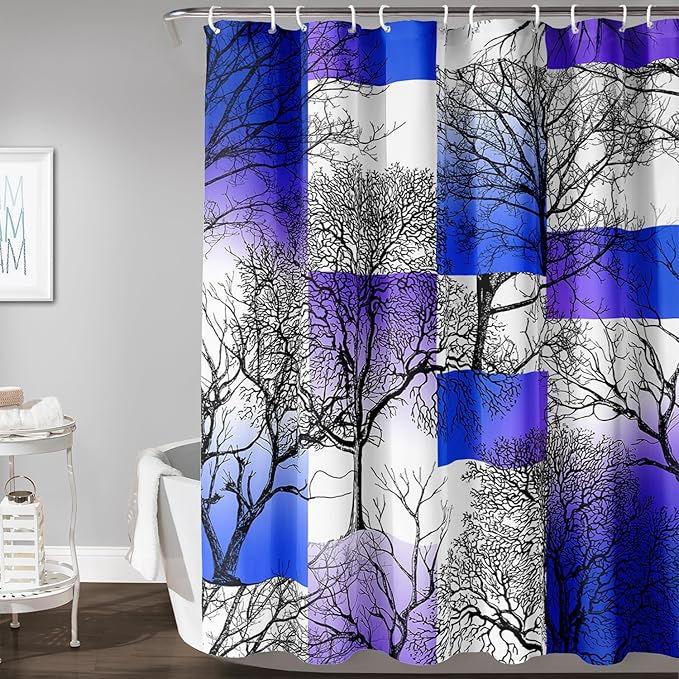 AILONEN Blue and White Tree Abstract Shower Curtain,Minimalist Printed Plant Tree Arts Bath Curtain,Modern Boho Waterproof Curtain for Bathroom Decor, 60" W x 72" H