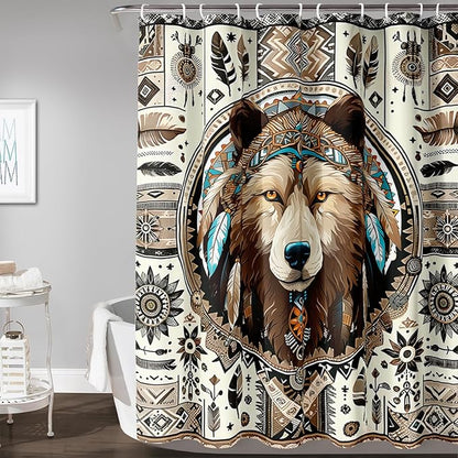 AILONEN Dreamcatcher Wolf Shower Curtain for Bathroom Decor,Retro Boho Wolf Bath Curtain for Kids Boys Girls,Print Polyester Waterproof with 12 Plastic Hooks 72" W*96" H