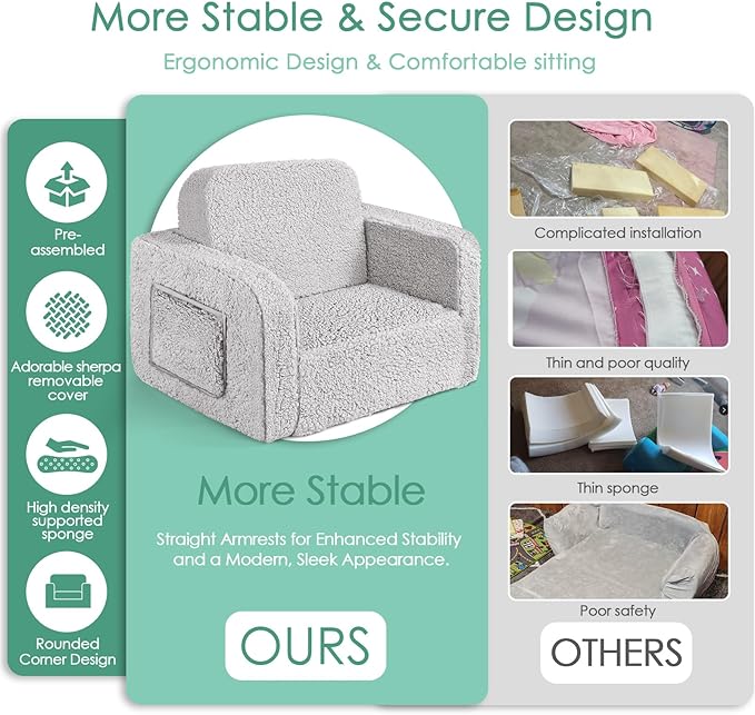 ACRABROS Kids Couch Toddler Chair: Sofa Bed Fold Out for Girls Boys Grey