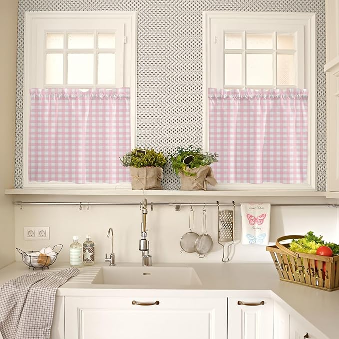 Christmas Kitchen Curtains and Valances Set, Rustic Pink White Buffalo Check Plaid Pattern Windows Treatments Tiers Half/Short Curtains for Small Windows Cafe /Living Room/ Bedroom 54x24 in Farmhouse