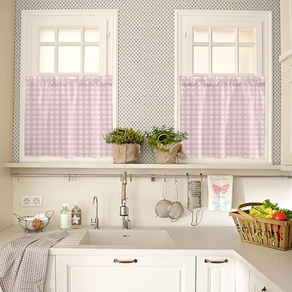Christmas Kitchen Curtains and Valances Set, Rustic Pink White Buffalo Check Plaid Pattern Windows Treatments Tiers Half/Short Curtains for Small Windows Cafe /Living Room/ Bedroom 54x24 in Farmhouse