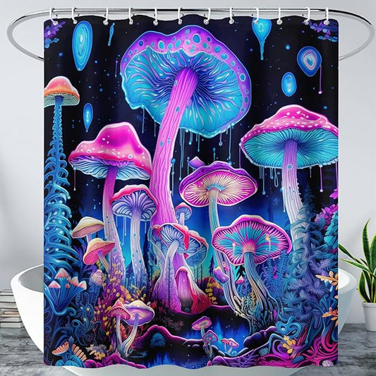 AILONEN Mushroom Shower Curtain for Bathroom, 3D Oil Painting Mushroom Bath Curtain,Blue Purple Fairy Fantasy Fungus Botanical Decoration Waterproof Curtain with 12 Plastic Hooks, 72" W*78" H