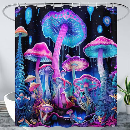 AILONEN Mushroom Shower Curtain for Bathroom, 3D Oil Painting Mushroom Bath Curtain,Blue Purple Fairy Fantasy Fungus Botanical Decoration Waterproof Curtain with 12 Plastic Hooks, 72" W*84" H
