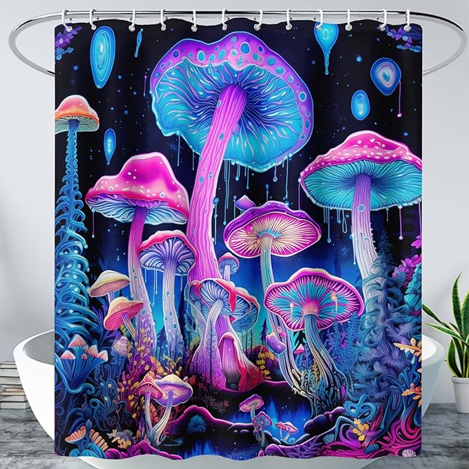 AILONEN Mushroom Shower Curtain for Bathroom, 3D Oil Painting Mushroom Bath Curtain,Blue Purple Fairy Fantasy Fungus Botanical Decoration Waterproof Curtain with 12 Plastic Hooks, 48" W*72" H