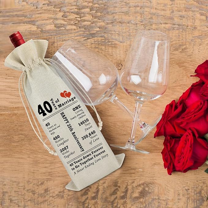 40th Anniversary Wedding Gift for Couple Wine Gift Bag 40 Years of Marriage Gift for Husband Wife Burlap Wine Wrap Bag Anniversary Keepsake Gift Wedding Gift for Grandparents Friend Valentine Gift