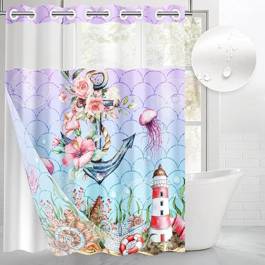 Anchor Beach Nautical No Hook Shower Curtain with Snap in Liner, Mermaid Pink Floral Coral Bath Curtain with Double Layers Waterproof Fabric and Mesh Top Window 71x74 Inch