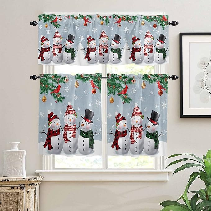 Christmas Kitchen Curtains and Valances Set, Snowman Cardinal Window Treatments Tiers Bluish Grey Winter Holiday Semi Sheer Half/Short Curtains for Small Windows Cafe /Living Room/ Bedroom 54x 36 in