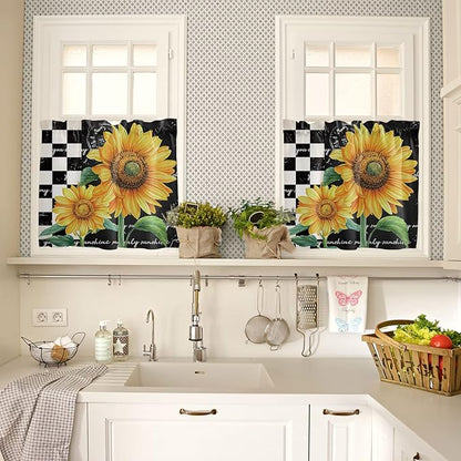 Kitchen Curtains and Valances Set,Farmhouse Sunflower Window Treatments Tiers Black White Buffalo Plaid Semi Sheer Half/Short Curtains for Small Windows Cafe /Living Room/ Bedroom 54x24 in, 3-Piece