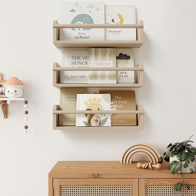 Decorative Nursery Bookshelves for Kids - Set of 3 Easy to Install Floating Shelves for Wall Mount - Beautiful Hanging Organizer Furniture for Your Baby Boy or Girl's Bedroom and Play Room Decor
