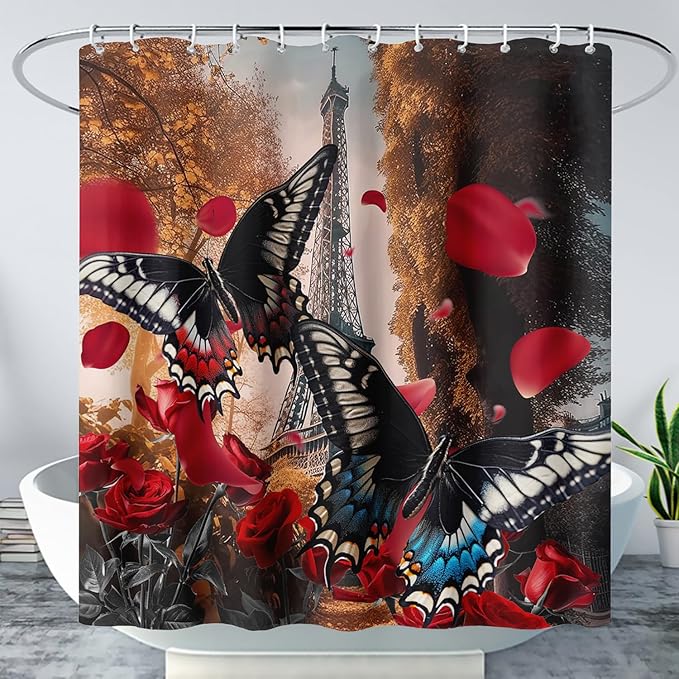 AILONEN Butterfly Shower Curtain for Bathroom,Romantic Red Rose Flower Butterfly Bath Curtain 72" W*78" H,Retro Eiffel Tower Decoration Waterproof Bathroom Curtain with 12 Plastic Hooks