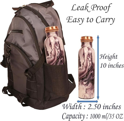 Pure Copper Water Bottle - Handcrafted - Ayurveda Health Benefits - Large 35 oz - Leak proof - Easy to carry for Sports, Fitness, Yoga, School - Textured Patterns