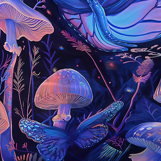 AILONEN Blue Butterfly Shower Curtain,Magic Mushroom Waterproof Fabric Bath Curtain for Kids Girl,Boho Style Shower Curtain Set for Bathroom,Natural Fungal Plant Shower Curtain with Hooks 36" W*72" H