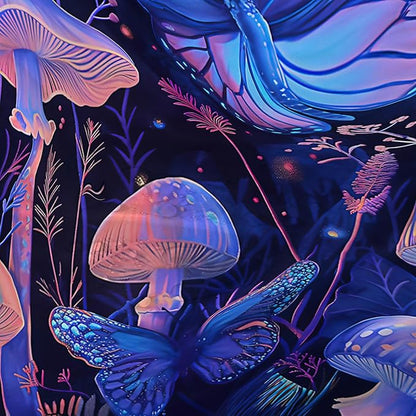 AILONEN Blue Butterfly Shower Curtain,Magic Mushroom Waterproof Fabric Bath Curtain for Kids Girl,Boho Style Shower Curtain Set for Bathroom,Natural Fungal Plant Shower Curtain with Hooks 72" W*78" H