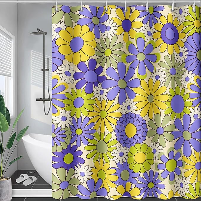 AILONEN Flower Shower Curtain for Bathroom,Polyester Fabric Waterproof,Purple Yellow Plants Flowers Bath Curtains Washable, 72" W x 96" H