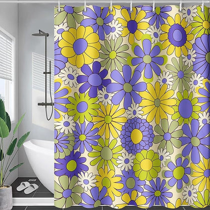 AILONEN Flower Shower Curtain for Bathroom,Polyester Fabric Waterproof,Purple Yellow Plants Flowers Bath Curtains Washable, 72" W x 78" H