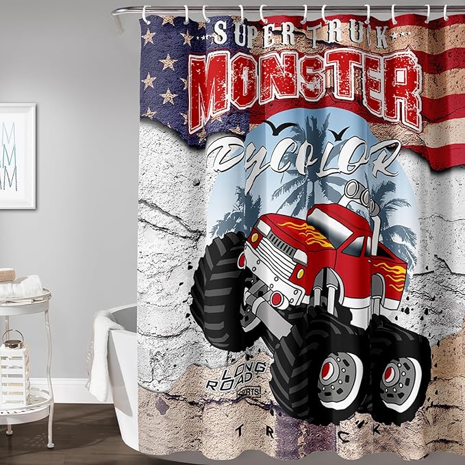 AILONEN Monster Truck Shower Curtain, American Flag Truck Bath Curtain for Boys,Red Truck Car Bathroom Decor Waterproof Fabric 48" W*72" H Inch with 12 Plastic Hooks
