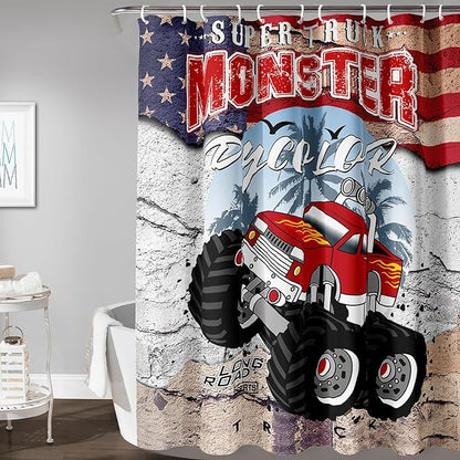 AILONEN Monster Truck Shower Curtain, American Flag Truck Bath Curtain for Boys,Red Truck Car Bathroom Decor Waterproof Fabric 72" W*78" H Inch with 12 Plastic Hooks