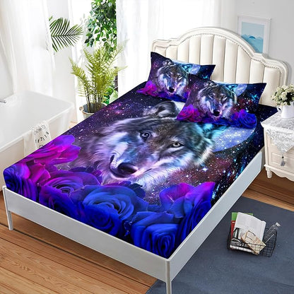 AILONEN Wolf Print Fitted Sheet Set Twin XL Size, Moon Galaxy Wolf Bed Sheet Set TwinXL,3 Pieces TwinXL Romantic Blue Rose Wolf Fitted Sheet with 2 Pillowcases