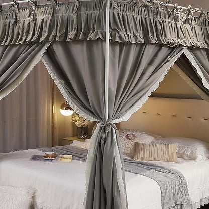 4 Corners Post Princess Ruffle Curtain Bed Canopy Lace Up Elastic Cozy Breathable Tent Mosquito Net for Girls Bedroom Decoration(Grey, 70-78" W*86" L*82" H/King)