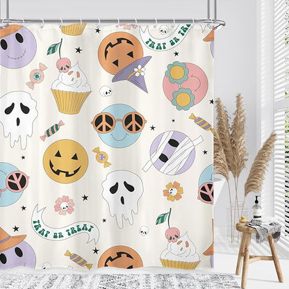 70s 60s Groovy Halloween Spooky Ghost Pumpkin Zombie Mummy Shower Curtain 60Wx72L Inch Smiling Face Retro Hippie Funny Bathroom Set Accessories Decor Polyester Waterproof with 12 Pack Hooks