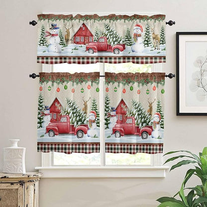 Christmas Kitchen Curtains and Valances Set, Farm Red Truck Window Treatments Tiers Winter Holiday Snowman Semi Sheer Half/Short Curtains for Small Windows Cafe /Living Room/ Bedroom 54x 36 in