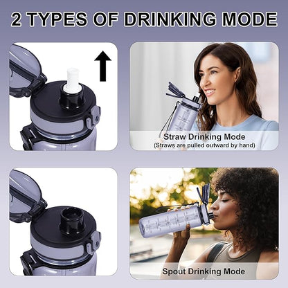 32 oz Water Bottle with Detachable Straw, Clear Motivational Water Bottles with Time to Drink, Tritan & BPA Free Sports Water Jug with Time Marker, Upgraded handle design