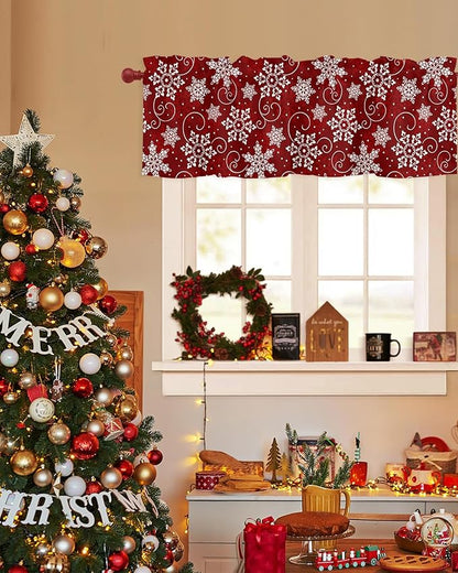 Christmas Valance Curtains for Kitchen Windows Red White Snowflakes Pattern Rod Pocket Window Treatment Toppers for Kitchen/Living Room/Bedroom/Bathroom, 60" X 18", Winter