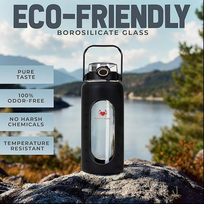 Leakproof Glass Water Bottles 64 oz - Borosilicate Large Glass Water Bottle with Straw & Time Markers - Half Gallon Water Bottle Glass, Wide Mouth Glass Gallon Water Bottle 2 Litres