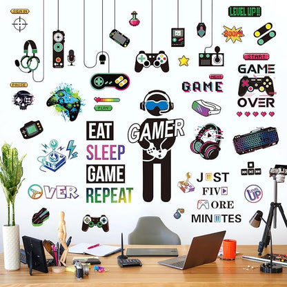 decalmile Gamer Wall Decals Gaming Controller Eat Sleep Game Joystick Wall Stickers Kids Bedroom Playroom Boys Room Wall Decor
