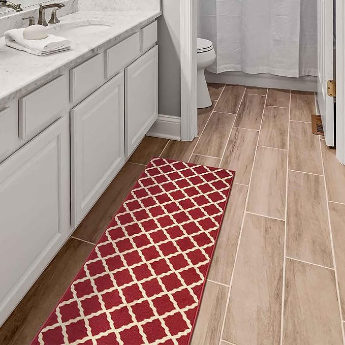 Ottomanson Machine Washable Elegant Trellis Design Non-Slip Rubberback 2x7 Traditional Runner Rug for Hallway, Kitchen, Bedroom, Living Room, 1'10" x 7', Red