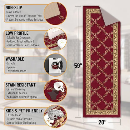 Machine Washable Trellis Design Non-Slip Rubberback 2x5 Modern Runner Rug for Hallway, Kitchen, Living Room, Bedroom, Entryway, 20" x 59", Red Trellis