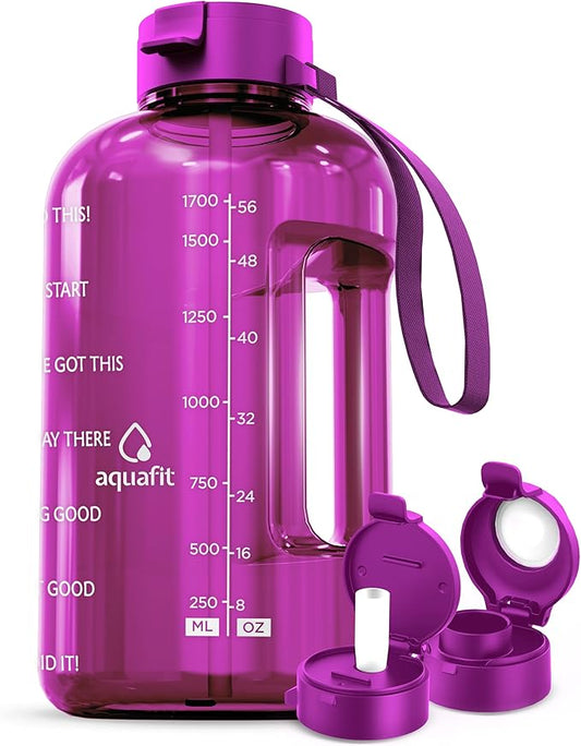 AQUAFIT 64 oz Water Bottle with Time Marker - BPA Free Half Gallon Water Bottle with Straw - Gym Water Bottle with Handle, Gallon Water Jug, Big Water Bottle, Large Water Bottle (Bright Pink, 2 Lids)