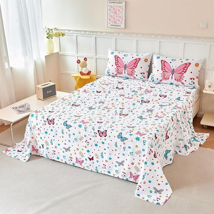 RYNGHIPY Girls Bed Sheets Twin: Butterfly Sheets Set for Girls Kids Bedsheets Deep Pocket 100% Microfiber Print Sheet Pillowcase Sets (Multicolor,Twin)
