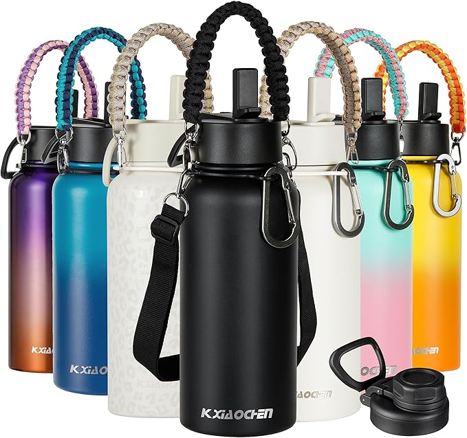 32 oz Insulated Water Bottle with Paracord Handles & Strap, 2 Lids(Straw Lid&Spout Lid), Stainless Steel Reusable Wide Mouth Metal Water Bottle With Straw, Double Walled(Black)