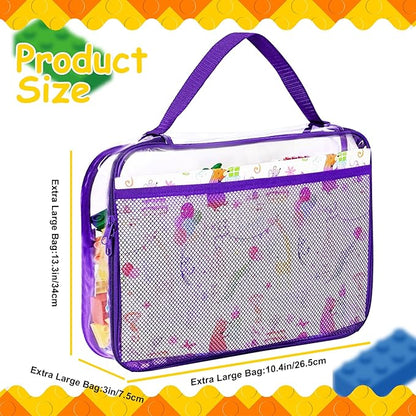 4 Packs PVC Toy Zippered Blocks, Travel Storage Case Bags for Organizing, Waterproof Toy Storage Bags with Mesh Pockets for Building Blocks, Puzzles, Clays,Toy Cars 13.3"Lx3" Wx10.4" H (Purple).