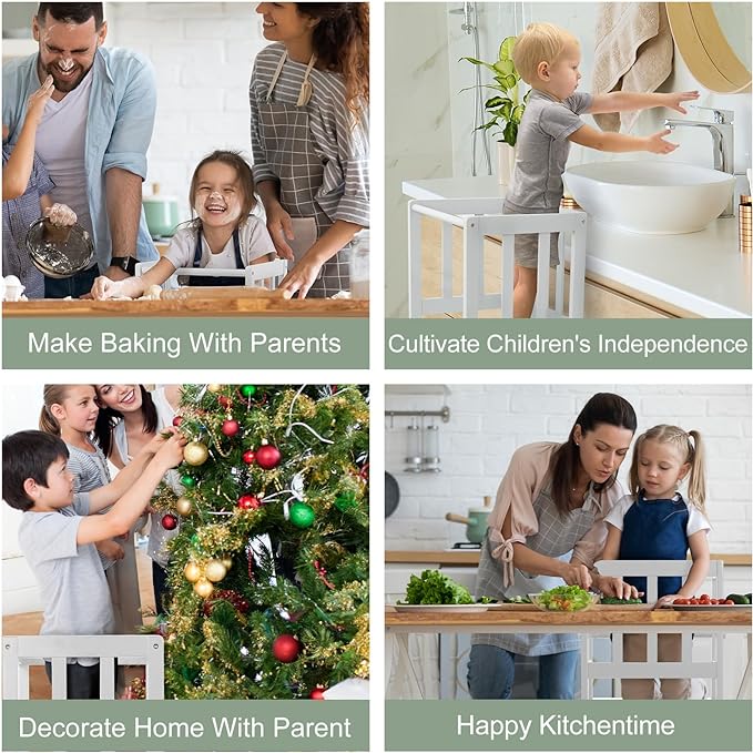 COSYLAND Kids Kitchen Step Stool, Toddler Standing Tower with CPC & FSC Certification, Removable Anti-Drop Railing Safety Rail Enjoys Unique Patented Design A Anti-tip Stable Structure Green & White