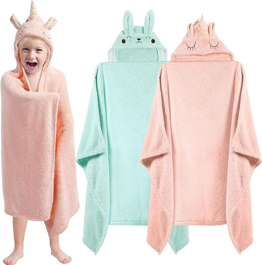 2 Pcs Toddler Hooded Bath Towel 50" x 32'' Thick Animal Hooded Towel for Kid Absorbent Baby Bath Towel Bathrobe Blanket for Boy Girls 0-5 Years(Pink, Green, Unicorn, Rabbit)