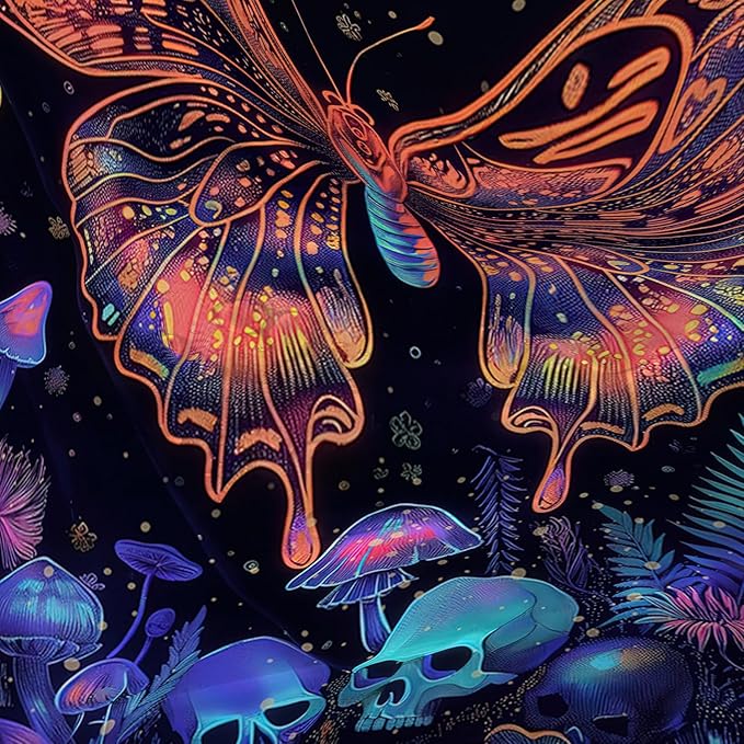 AILONEN Colorful Butterfly Shower Curtain,Magic Mushroom Waterproof Fabric Bath Curtain for Kids Girls,Boho Sun and Moon Skull Shower Curtain Set for Bathroom 72" W*84" H