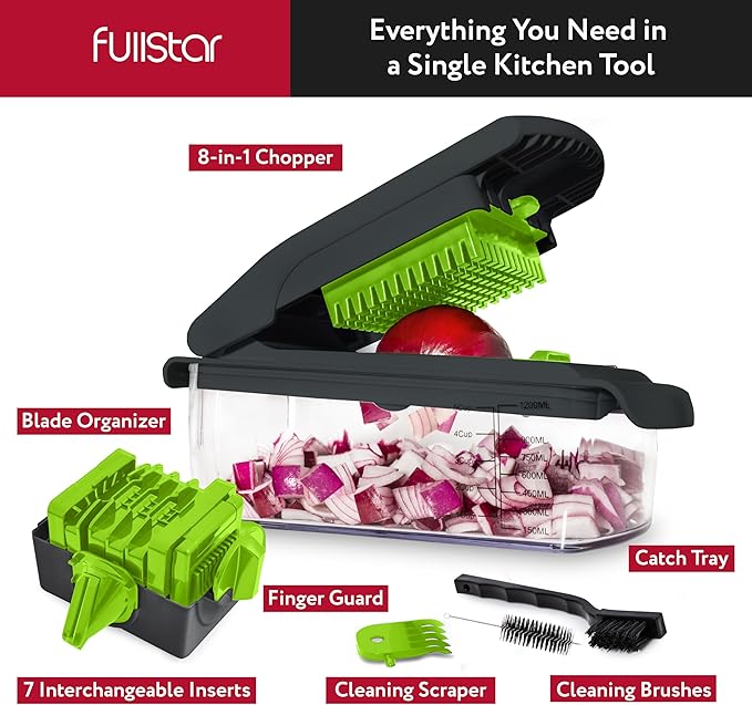 Fullstar Vegetable Chopper - Food Chopper - Onion Chopper - Vegetable Slicer & Spiralizer - Veggie Chopper with Container - Kitchen Gadgets - Home Essentials - Kitchen Accessories (8 in 1, Gray/Green)