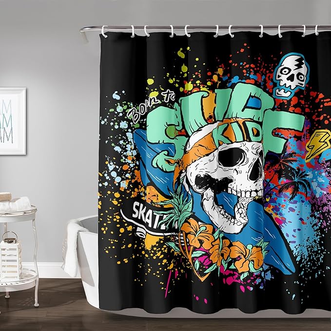 AILONEN Surf Skull Shower Curtain for Bathroom,Colorful Graffiti Flower Art Bathroom Curtain for Kids Boys Girls,Bath Curtain 72" W*78" H Polyester Waterproof Bathroom Curtain with 12 Hooks