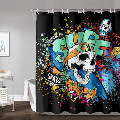 AILONEN Surf Skull Shower Curtain for Bathroom,Colorful Graffiti Flower Art Bathroom Curtain for Kids Boys Girls,Bath Curtain 72" W*96" H Polyester Waterproof Bathroom Curtain with 12 Hooks