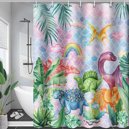 AILONEN Girls Dinosaur Shower Curtain 72" W*72" H for Bathroom,Cute Dinosaur Bathroom Shower for Kids Girls,Cartoon Dinosaur Rainbow Bath Curtain Polyester Waterproof Shower Curtain with 12 Hooks