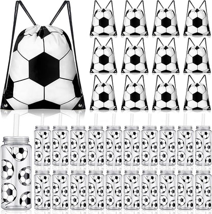 40 Pcs Soccer Party Favors 20 Pack Soccer Cups with Lid and Straw 14.2 oz Reusable Tumbler Clear Plastic Drinking Cups with 20 Pack Drawstring Bag for Birthday School Sport Decorations