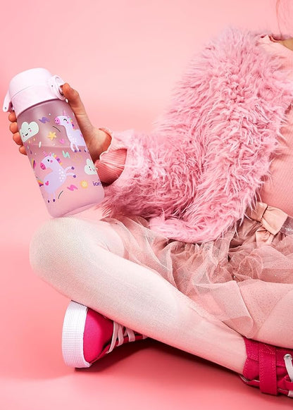 Ion8 Small Water Bottle, 350 ml/12 oz, Leak Proof, Easy to Open, Secure Lock, Dishwasher Safe, BPA Free, Carry Handle, Hygienic Flip Cover, Easy Clean, Odor Free, Carbon Neutral, Pink, Unicorn Design