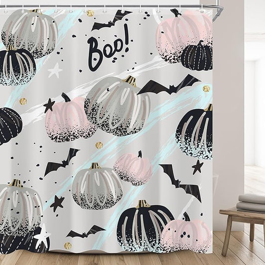 Abstract Halloween Pumpkin Shower Curtain 60"X72" Pink Grey Shower Curtain Set for Bathroom Spooky Bat Cute Cartoon Waterproof Bathtub Curtain Decor Kids Girls Fall Bathroom Curtain with Hooks